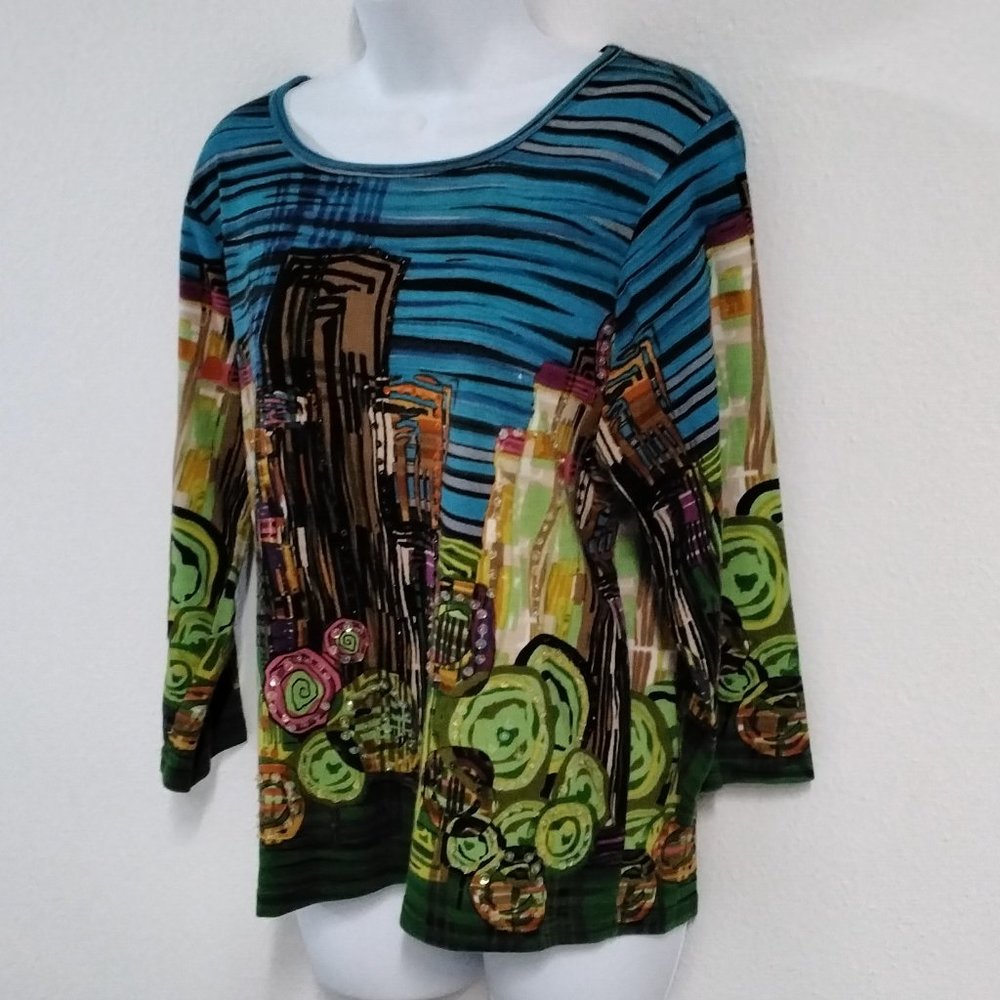 Raakhee Women Tshirt Size XL City print Cotton 3/4 Sleeves sequin 012
